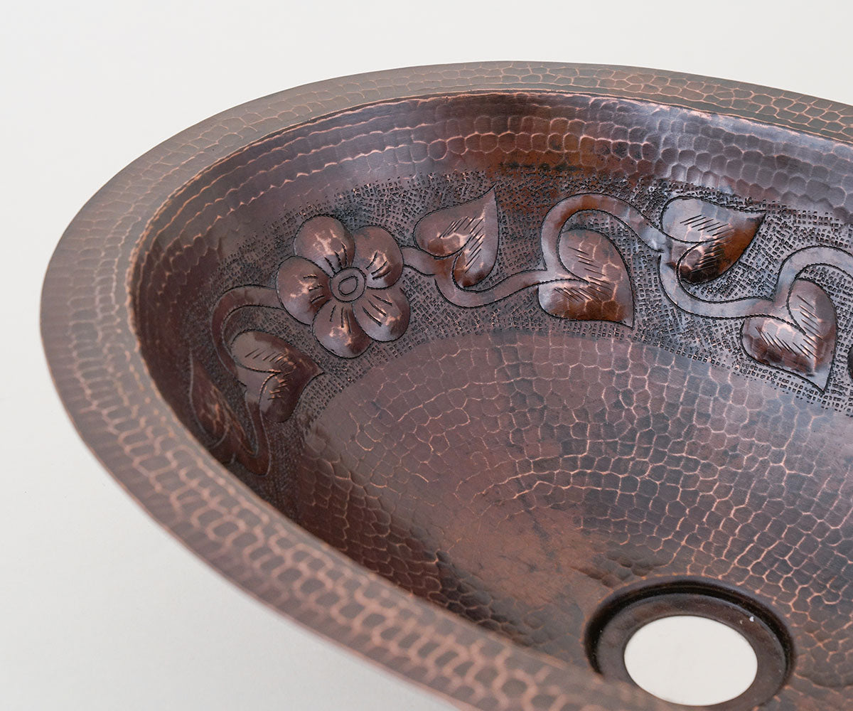 Premium Copper Oval Bath Sink Flower Design