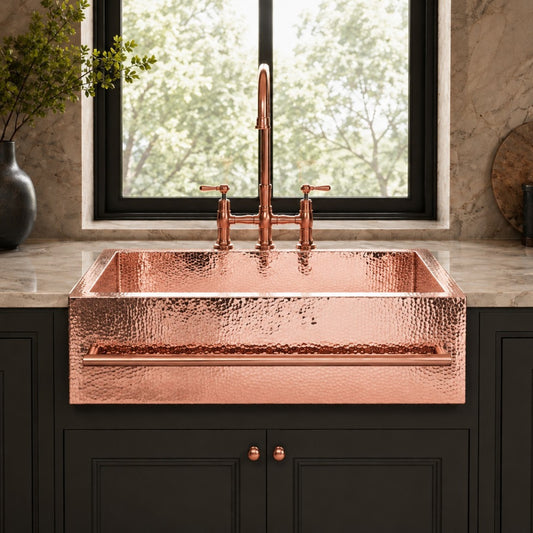 Premium Copper Farmhouse Kitchen Sink Squared Towellbar Design