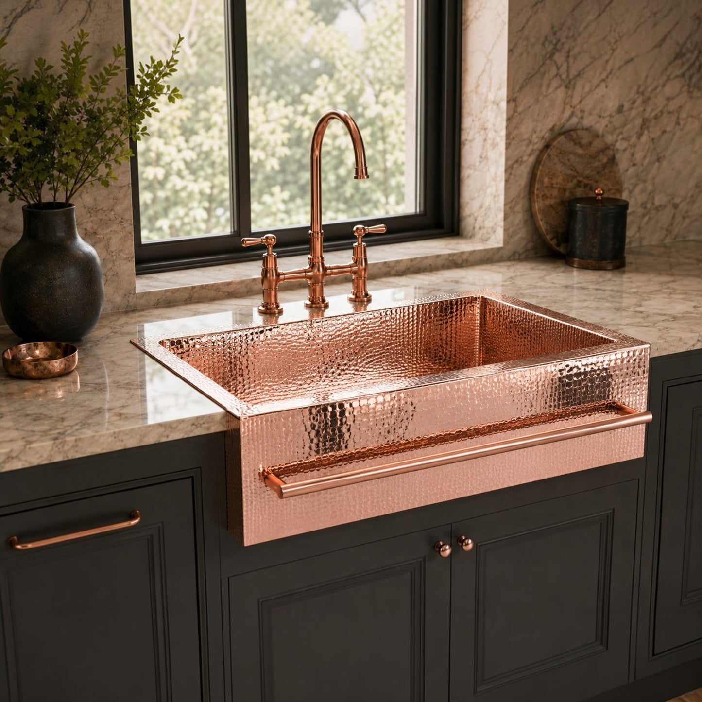 Premium Copper Farmhouse Kitchen Sink Squared Towellbar Design