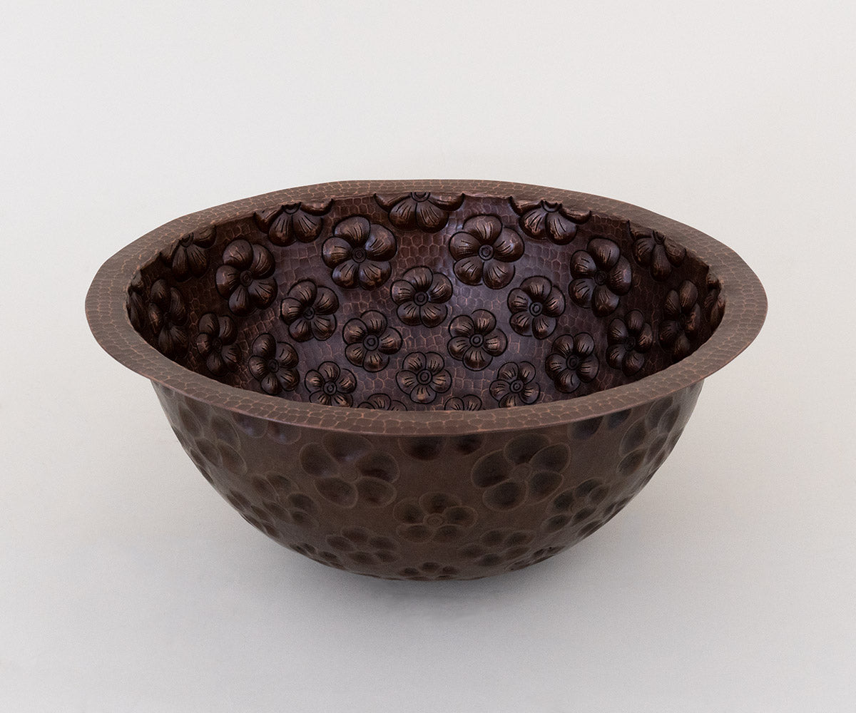 Premium Copper Round Bath Sink Violet Flowers Design