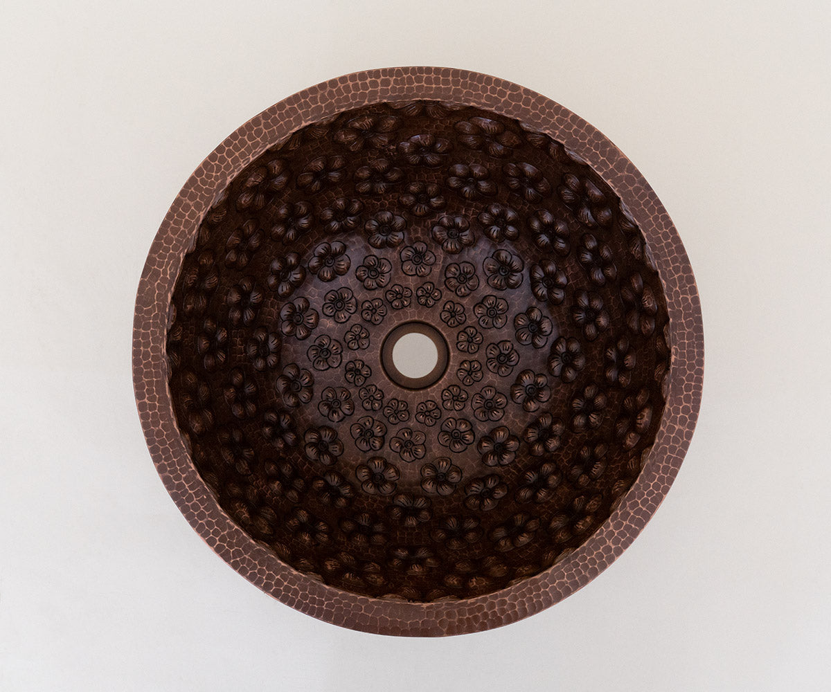 Premium Copper Round Bath Sink Violet Flowers Design