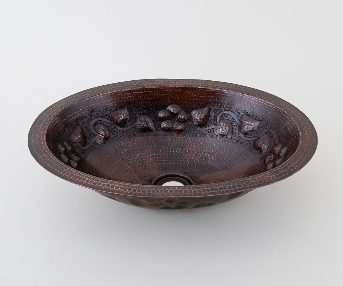 Premium Copper Oval Bath Sink Flower Design