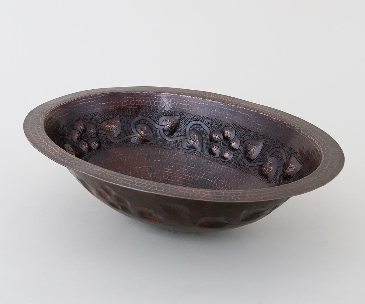 Premium Copper Oval Bath Sink Flower Design