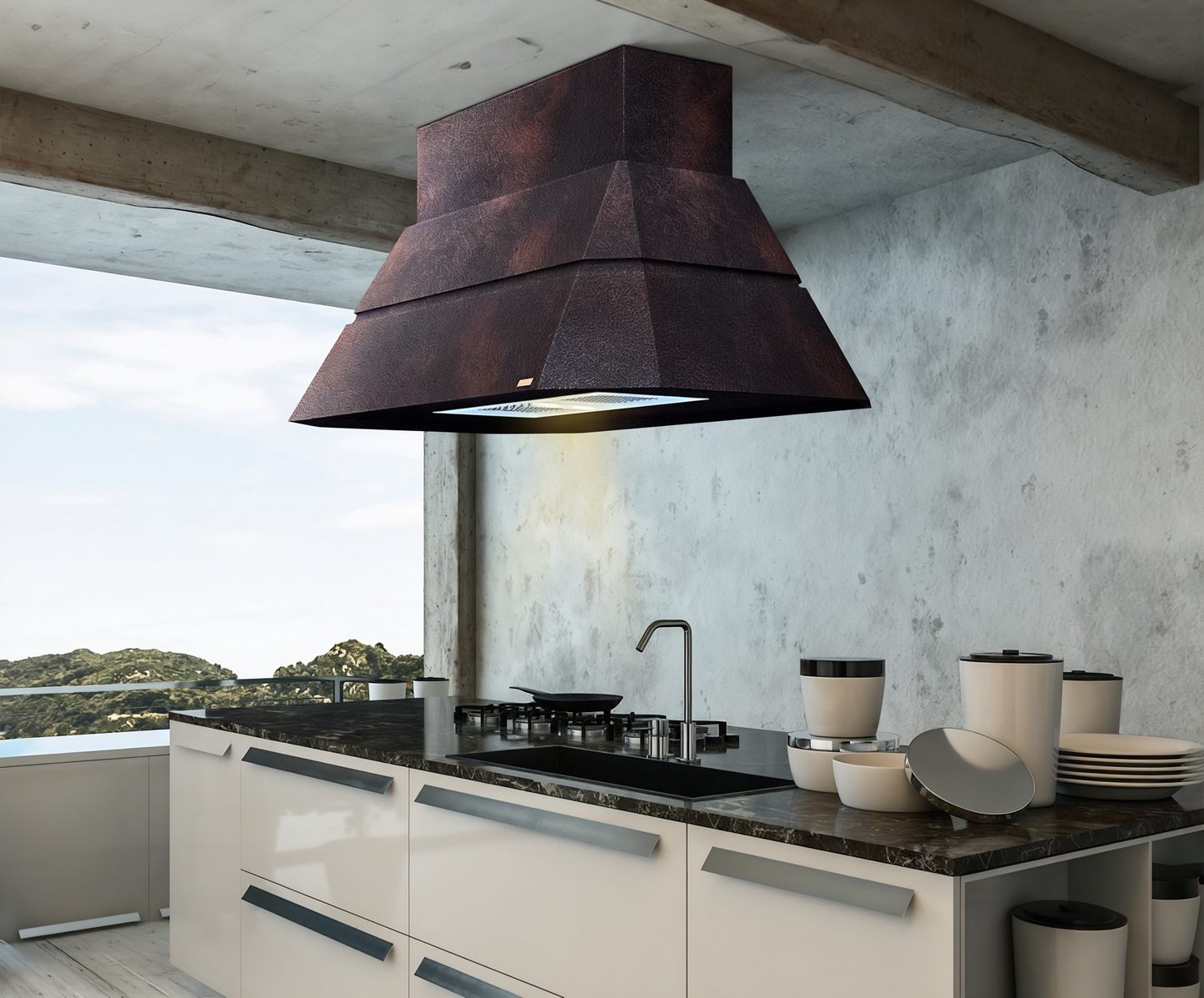 Premium Copper Volcano Range Hood Island Mount Teotihuacan