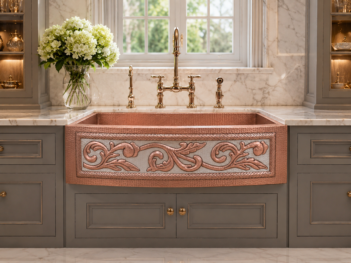 Premium Copper Farmhouse Round Apron Kitchen Sink Silver Design