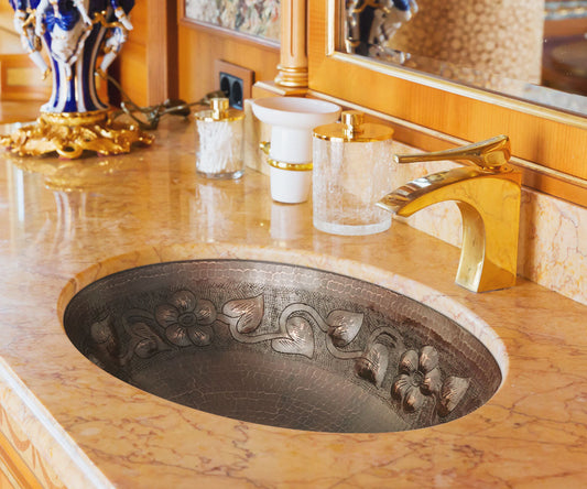 Premium Copper Oval Bath Sink Flower Design