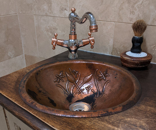 Premium Copper Oval Bath Sink Rushes Design