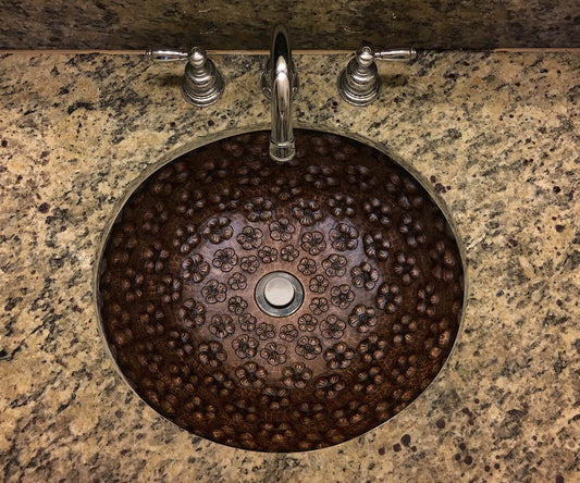Premium Copper Round Bath Sink Violet Flowers Design